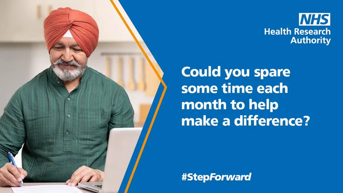 Image of an older man working at a laptop with a pen in his hand. White text on blue background to the left of image that states: 'Could you spare some time each month to help make a difference? #StepForward.' HRA logo top right corner.
