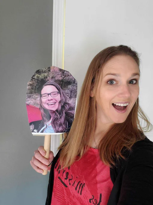 Jen P holding a more casual image of me on a stick - for the fun conference selfies!