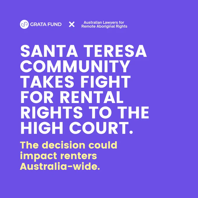 A purple background with text over that reads Santa Teresa community takes fight for rental rights to high court. The decision could impact renters Australia-wide.