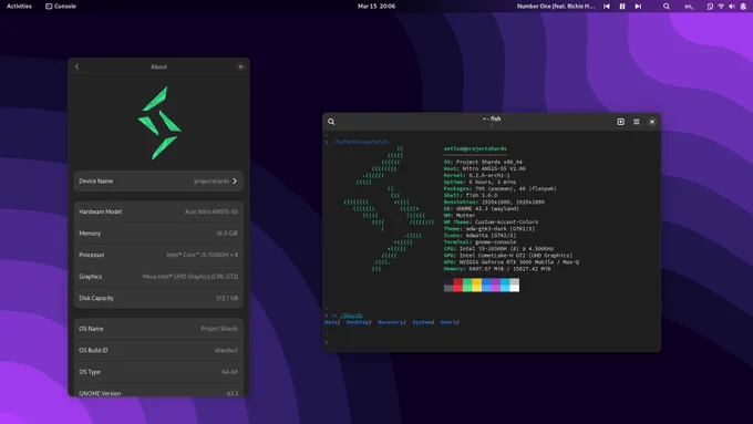 Screenshot of the GNOME desktop environment, featuring the GNOME settings about page and a terminal with Neofetch in it. The distro is Project Shards