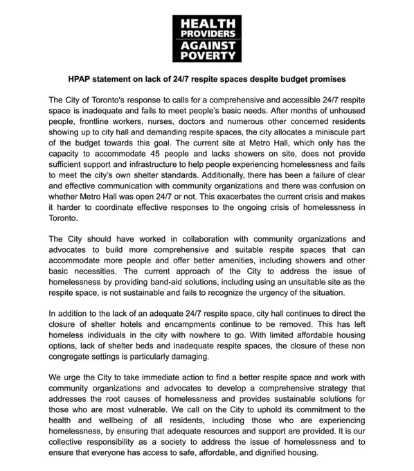 Written statement on city council response in regards to warming centres.