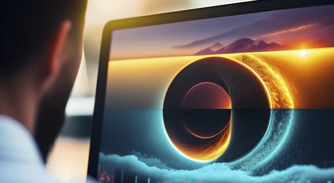 This is a promotional image for my article about SEO and WordPress Images. It shows a person looking at an image on a computer screen.