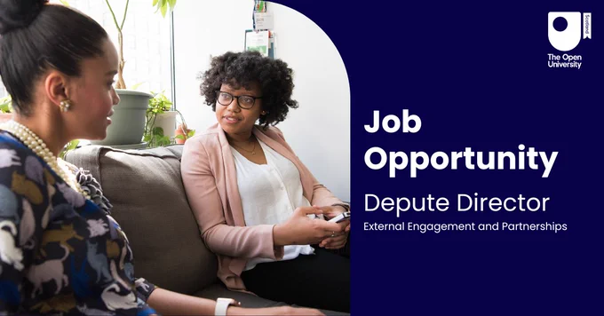Two women engaged in conversation. Text: Job Opportunity - Depute Director External Engagement & Partnerships