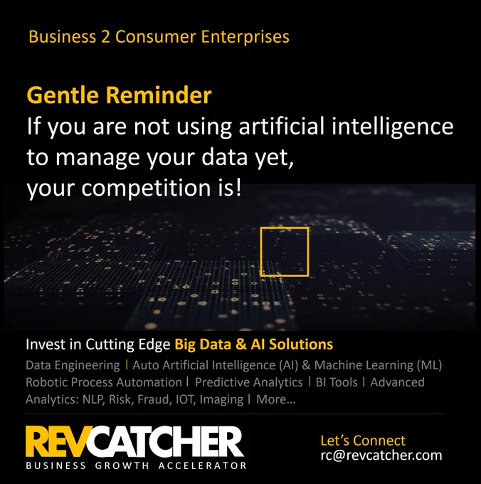 RevCatcher provides access to best in class Data Engineering & AI & ML based data solutions from across the world to get full 360 degree view of your customers.  How can we help you grow your business.

#MiddleEast #bahrain #SaudiArabia #UnitedArabEmirates #uae #oman #qatar #Kuwait #data #dataengineering #AI #analytics #machinelearning #ML #Airesearch #customerexperience #customerjourney #roboticprocess #automation #digitalmarketing #predictiveanalytics #BI #BITools
