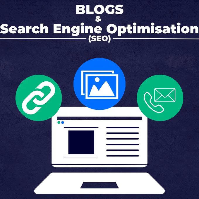 Blogs & SEO guide, shows a laptop with icons around representing the different aspects of search engine optimisation that should be considered