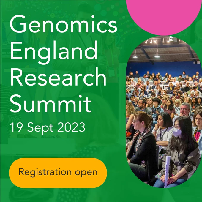 text: 'Genomics England Research Summit, 19 Sept 2023, Registration open' and image of full conference room
