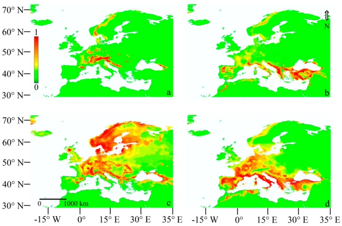 Ecological Niche Models for P. mugo/uncinata (a), P. nigra (b), P. sylvestris (c) and Q. pubescens (d) using current scenario. Scales show the probability of presence ranging from 0 to 1.