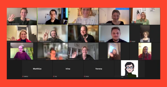 Screenshot der Work4Germany Infoveranstaltung. Darauf: eine Videokonferenz mit vielen Kacheln und Gesichtern. 