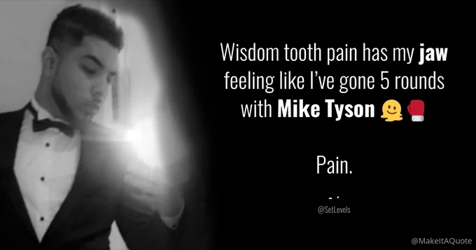 Illustration of @SetLevels's original tweet displaying their profile picture and the text: Wisdom tooth pain has my jaw feeling like I’ve gone 5 rounds with Mike Tyson 🫠🥊

Pain.