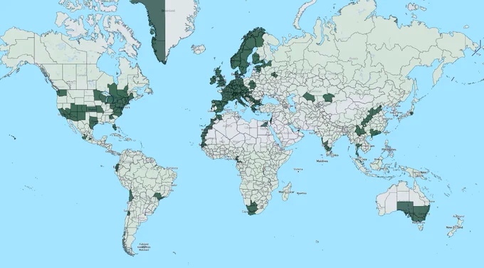 Map of the world with regions I traveled to coloured in green