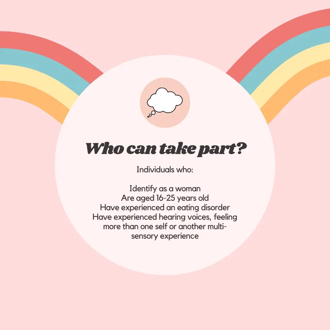 Who can take part? Individuals who:
Identify as a woman, are aged 16-25 years old, Have experienced an eating disorder and have experienced hearing voices, feeling more than one self or another multi-sensory experienced