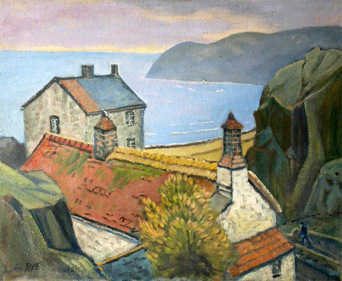 Colourful painting looking down on two houses in a bay, with yellow sand and a blue sea surrounded by green cliffs