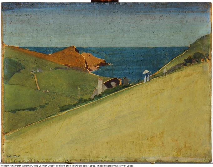Colourful painting looking across green fields towards the sea and an orange bay