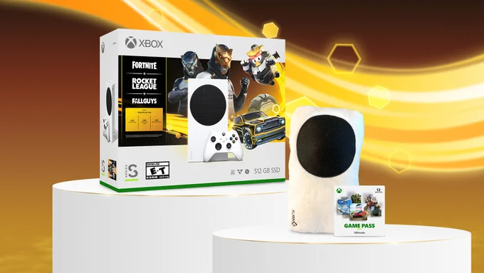 Golden gradient background with curved pattern and hexagon accents and two white circular pillars with golden rims. An Xbox Series S plushie and a 12-month Xbox Ultimate Game Pass membership card sits on the front pillar, while an Xbox Series S Gilded Hunter bundle box sits on the back pillar.