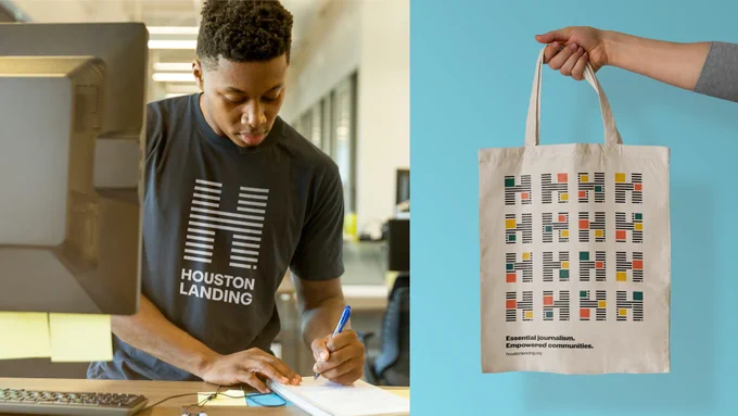 On the left is a man wearing a Houston Landing logo t-shirt. On the right is a tote bag with the logo repeating in a pattern, plus the tagline and URL below.