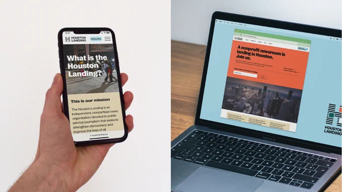 This image shows the Houston Landing website in two different formats, mobile and desktop. The website pages shown are the landing page, asking people to subscribe to the newsletter, and the "About Us" page introducing Houston Landing's mission.