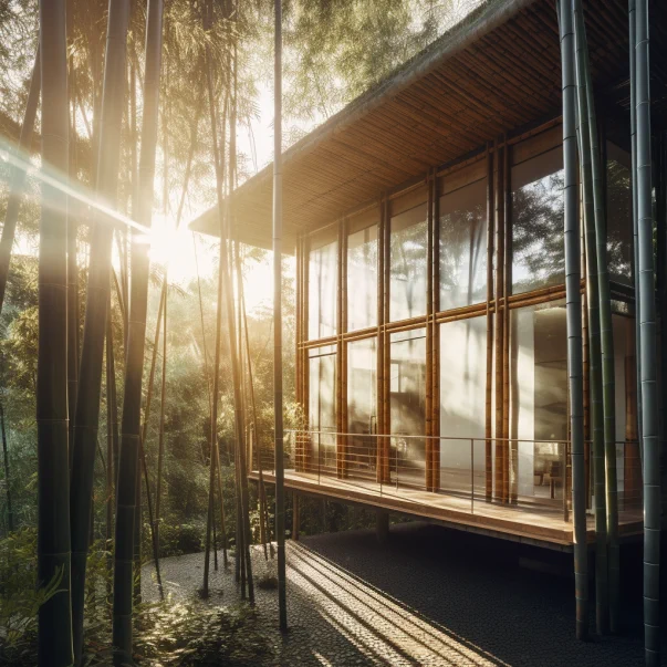 architecture photography, editorial photo from Dwell, modern house made of bamboo, in the middle of a forest, morning sun, brilliant architecture, large windows, beautiful, exclusive, expensive, minimal lines, breathtaking, 8K 