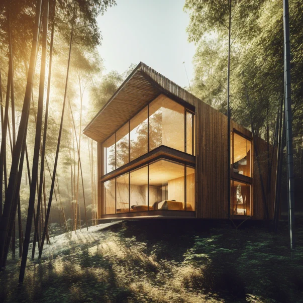 architecture photography, editorial photo from Dwell, modern house made of bamboo, in the middle of a forest, morning sun, brilliant architecture, large windows, beautiful, exclusive, expensive, minimal lines, breathtaking, 8K 