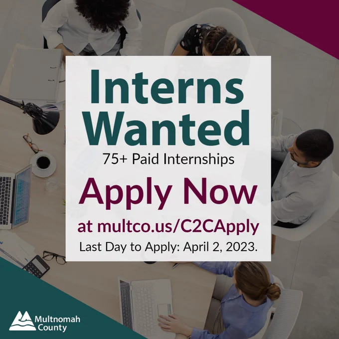 In the front of the image is "Interns Wanted”, with details on how to apply. The background shows a table with individuals working and chatting on their laptops