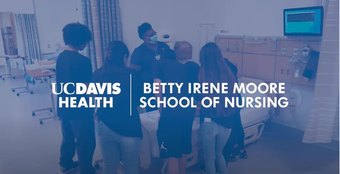 Image of students gathered around a hospital bed listening to a nurse with a graphic overlay of the UC Davis Health Bettty Irene Moore School of Nursing wordmark.
