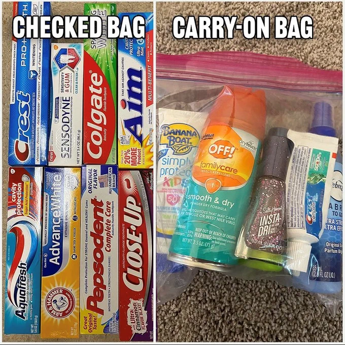 Checked bag with larger sized toothpaste on the checked bag side. And proper 3.4oz liquids or less in a one-quart size bag on the carry-on side. 