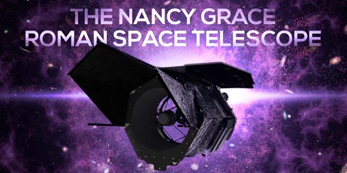 Text, The Nancy Grace Roman Space Telescope, runs at the top of an image that shows the body of the observatory, which appears like a long round tube, pointing left with its circular aperture door open to observe. The background is black and purple and represents space.