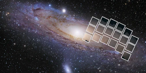 Almost all of the Andromeda galaxy appears, angled slightly from top left to bottom right. It is a spiral shape, with blue star formation regions at the edges and a bright white central region. Toward the right is the Roman footprint, made up of 18 boxes, broken into six columns of three. They cover about a third of the galaxy.