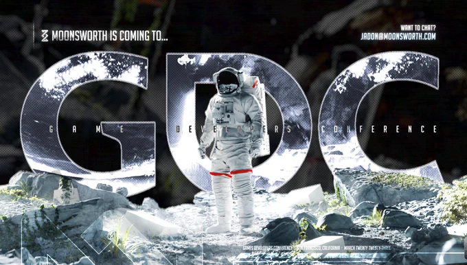 Astronaut in front of the letters "GDC"