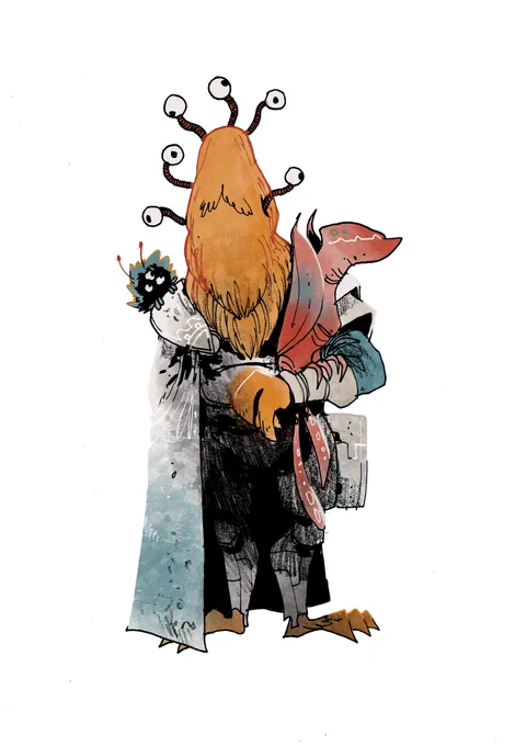 A fuzzy yellow alien person with six eyes. They are holding a space falcon on their wrist and some little fluffy creature on their shoulder.