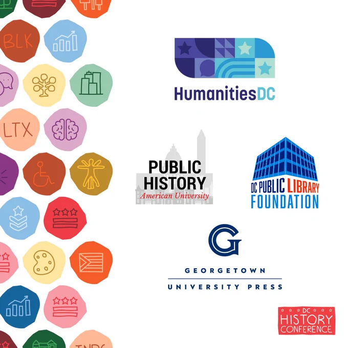 visual graphic with logos: logos placed in a diamond formation, and listed as follows: HumanitiesDC (top), Public History at American University (center left), DC Public Library Foundation (center right), Georgetown University Press (bottom).
