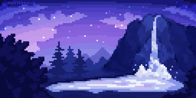 a pixel art image of a mountain with a waterfall during a starry night