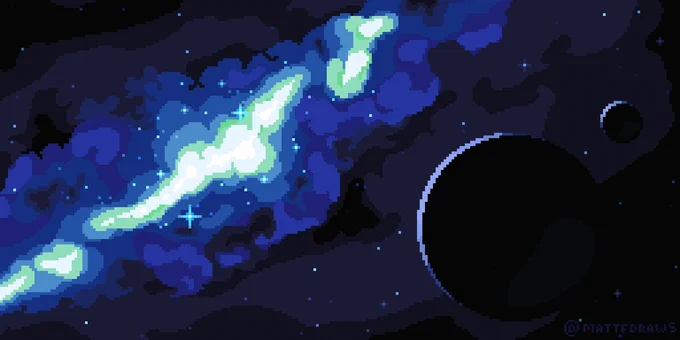a pixel art image of space, a nebula, and planets