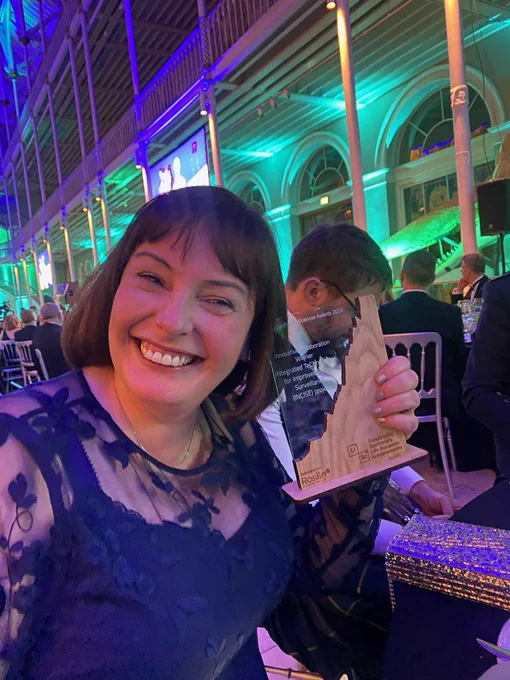 Prof. Joanne Edwards, INCISE Director with the Innovative Collaberation Award Trophy 2023