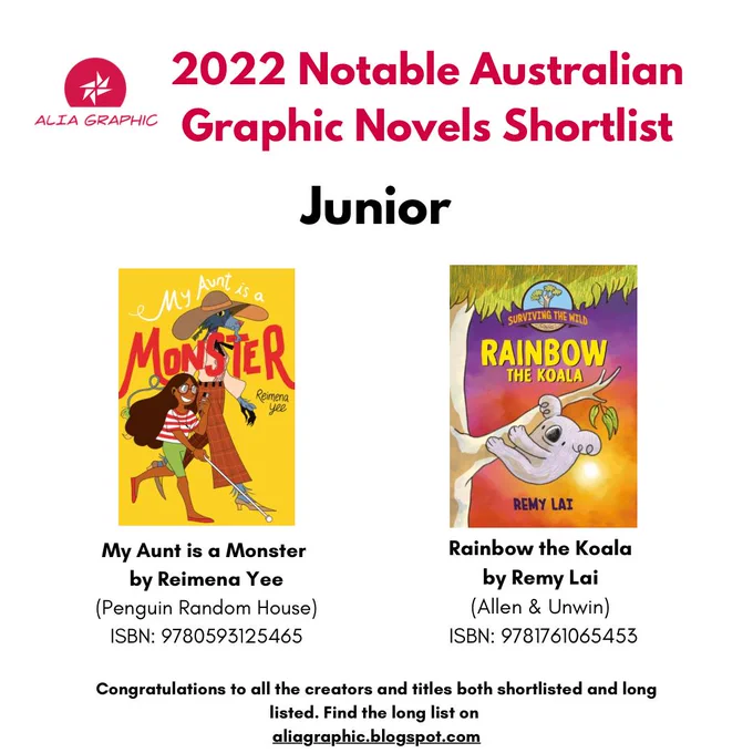 The image shows a poster with ALIA Graphic logo at the top left. Next to it: 2022 Notable Australian Graphic Novels Short List. Below it in the middle it states: Junior. The images of the two shortlisted titles appear. My Aunt is a Monster by Reimena Yee and Rainbow the Koala by Remy Lai. At the bottom the ALIA Graphic team congratulates the creators and titles shortlisted and longlisted. At the end the link to the ALIA Graphic blog is listed: aliagraphic.blogspot.com 