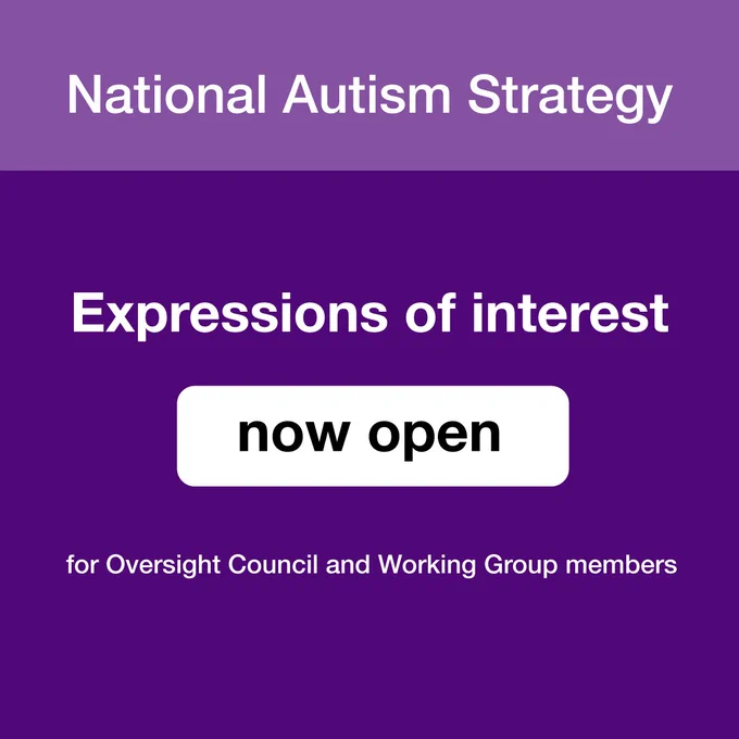 Image description: A purple slide with white writing saying Expressions of Interest are now open for the National Autism Strategy.