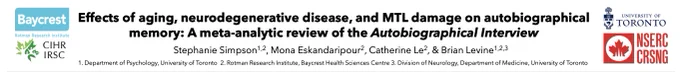Title of poster: Effects of aging, neurodegenerative disease, and MTL damage on autobiographical memory: A meta-analytic review of the Autobiographical Interview