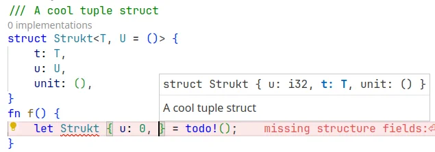 Screenshot showing the doc comments and fields of a struct in a pattern