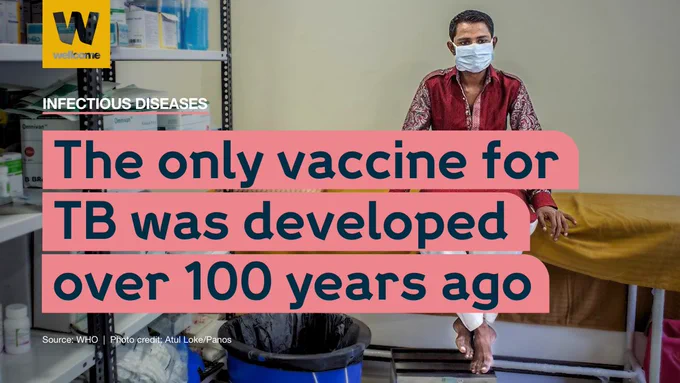 Text on pink banner reads: "The only vaccine for TB was developed over 100 years ago." Behind the text there is an image of a man wearing a face mask and sitting on a hospital bed.