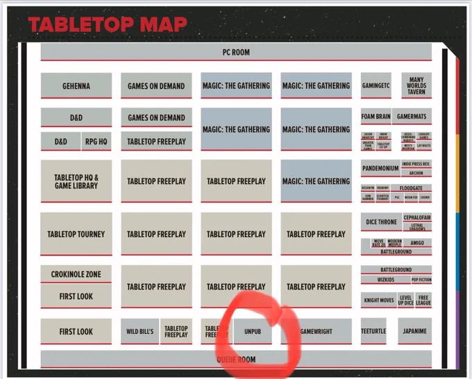 Map of the tabletop area at PAX East with the Unpub booth highlighted - it’s near the queue room in the center of that row, next to Gamewright. 