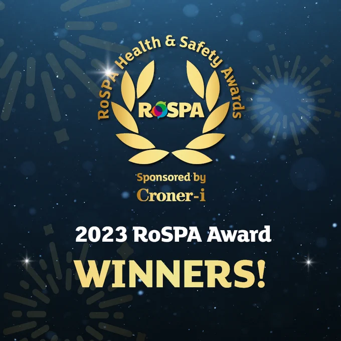 ArrowXL are 2023 RoSPA Gold Award winners. Image: the RoSPA winner announcemount including logo - sponsored by Croner-i - and fireworks in the background.