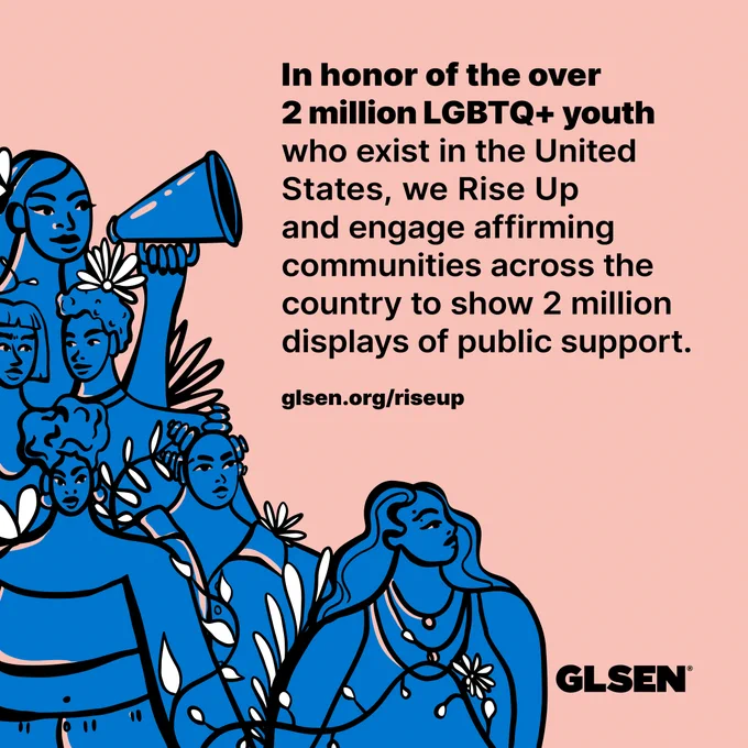 Blue illustrated people on a pink background with text that reads "In over of the over 2 million LGBTQ  youth who exist in the United States, we Rise Up and engage affirming communities across the country to show 2 million displays of public support".