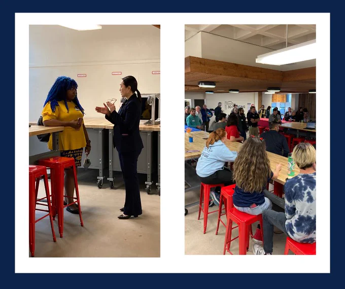 The picture is split in two. On the left are two women speaking. One woman has on a yellow shirt and a blue and yellow skirt. The other woman has on a dark suit. On the right is a picture of a room full of people. There are students lined up on red stools, facing a long wooden worktop. Their backs are to the camera. The rest of the room is filled with people, all facing the speaker. There is dark woodwork upon the ceiling in the distance. 