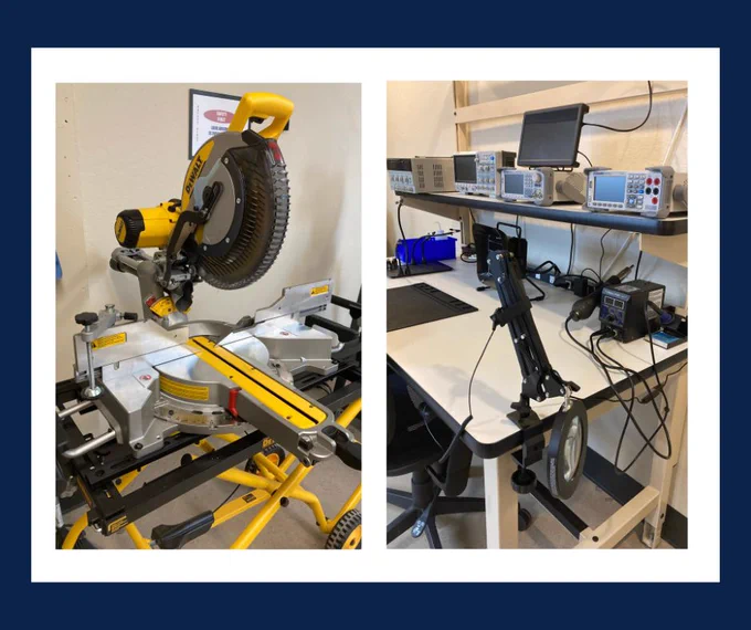 There are two images of equipment in the Design Center. On the left is a large yellow and black saw. It is a power tool, not a hand saw, and might be a miter saw. The other image in a white desk covered in electronic equipment for students to use. 