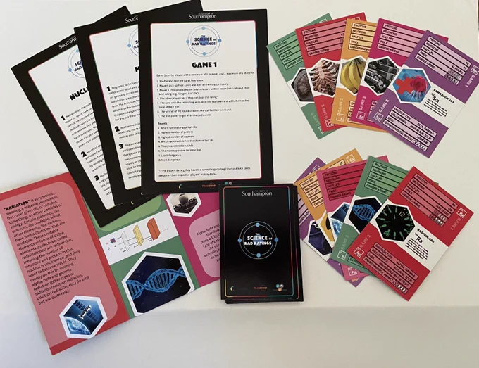 A picture of the rad ratings card game, there are three large playing cards, a leaflet-style information sheet and a 'fan' spread of playing cards of different radionuclide cards. 