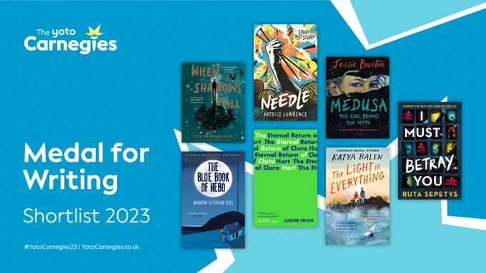 Graphic reading 'Medal for Writing Shortlist 2023' with book covers of: Needle,  The Light in Everything,  Medusa,  The Blue Book of Nebo,  I Must Betray You,  The Eternal Return of Clara Hart, and When Shadows Fall