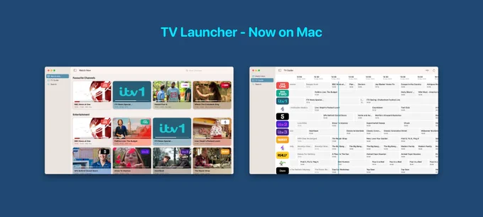 Two screenshots of the TV Launcher Mac app - Watch Now tab and TV Guide tab