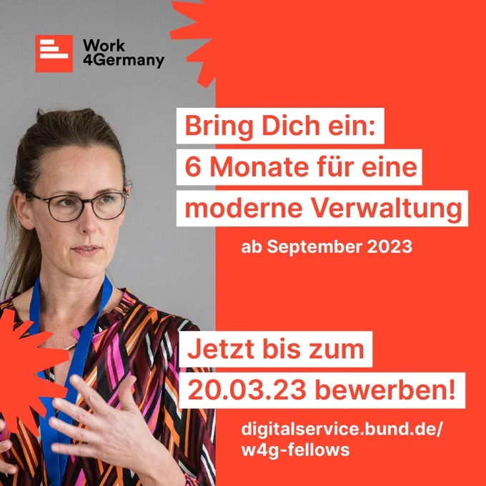 Grafik mit der Aufschrift: Bring Dich ein: 6 Monate für eine moderne Verwaltung ab September 2023. Jetzt bis zum 20.03.23 bewerben! 