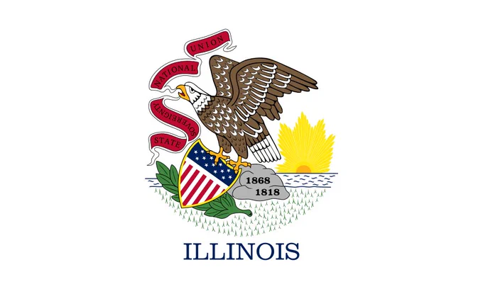 The state flag of Illinois, featuring an eagle over a red, white, and blue shield with a sunrise over water in the background