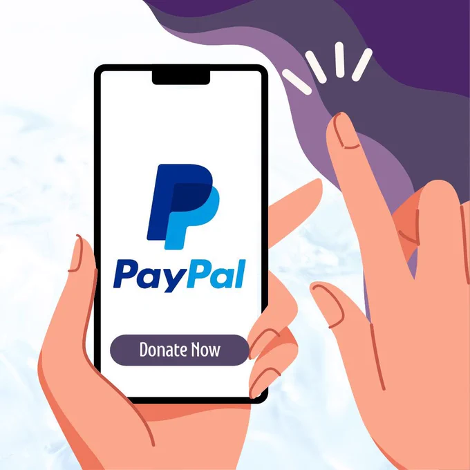 A hand holding a phone with a PayPal logo on the screen. Below the PayPal logo is a purple button with a text that reads, “DONATE NOW”