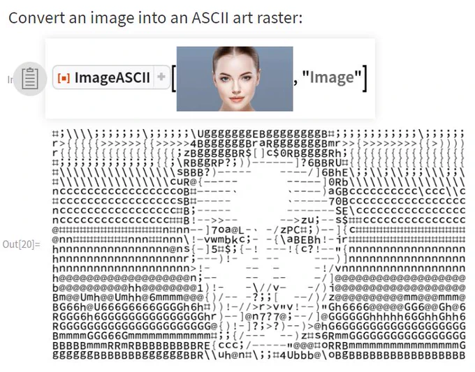 Text reads "Convert an image into an ASCII art raster:" followed by a line that shows "In" for input. Input reads "[= ] ImageASCII   [Image of a woman with hair pulled back in bun, "Image"]". The next line shows the output, represented by "Out[20]=" and shows the image of the woman converted into ASCII art by using individual characters to create the illusion of an image.